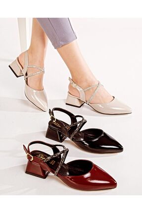 Marika Kadın Rugan Çapraz Taşlı Topuklu Ayakkabı–Şık & Rahat Orta Topuk Günlük ve Özel Gün Ayakkabı Image 0