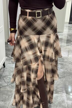 Önden Yırtmaçlı Kareli Kat Kat Etek Kahverengi-Bej Image 4