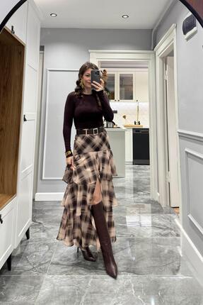 Önden Yırtmaçlı Kareli Kat Kat Etek Kahverengi-Bej Image 2