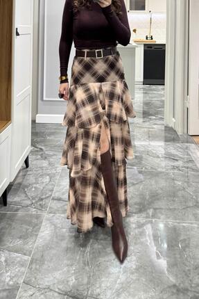 Önden Yırtmaçlı Kareli Kat Kat Etek Kahverengi-Bej Image 1