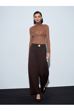 72244 Gold Düğmeli Geniş Paça Pantolon-Kahve Image 3