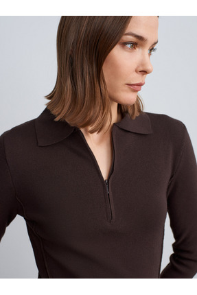 10862 Kaşmir Karışımlı Fermuarlı Kazak-Koyu Kahve Image 0