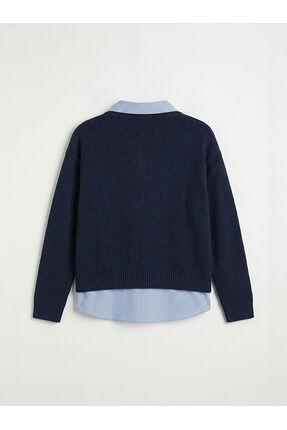 Lacivert Gömlek Yaka Çizgili Kadın Triko Kazak Image 1