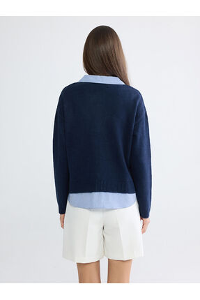 Lacivert Gömlek Yaka Çizgili Kadın Triko Kazak Image 5