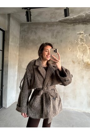 Kahverengi Kuşaklı Kürk Kaban Image 3