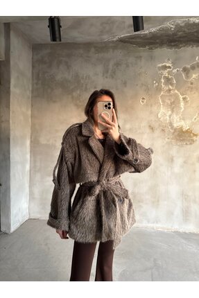 Kahverengi Kuşaklı Kürk Kaban Image 6