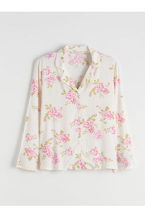 Ekru Gömlek Yaka Çiçekli Kadın Pijama Takım Image 5
