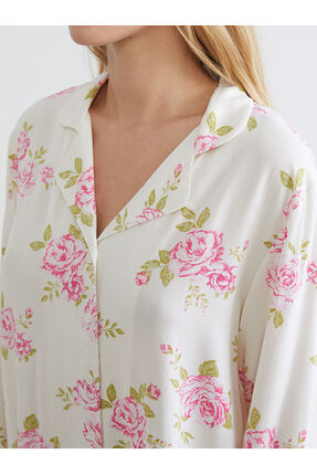 Ekru Gömlek Yaka Çiçekli Kadın Pijama Takım Image 2