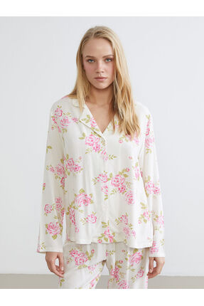 Ekru Gömlek Yaka Çiçekli Kadın Pijama Takım Image 1