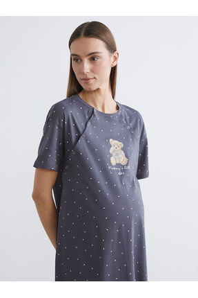 PATENTH'DEN Gri Bisiklet Yaka Baskılı Hamile Gecelik Image 1
