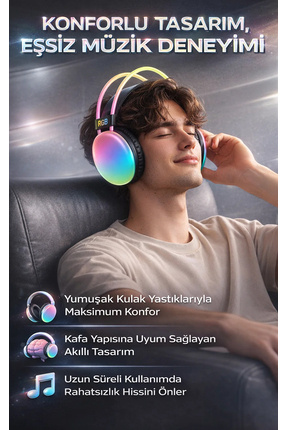 RGB Işıklı Kablosuz Bluetooth 5.3 Kulak Üstü Kulaklık - Mikrofonlu Yüksek Ses Kaliteli Disco Pulse Image 2