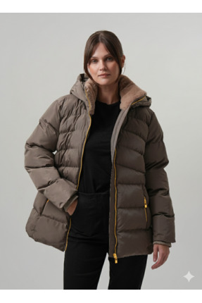 Kapüşonlu Ribanalı Kadın Şişme Mont Hande Image 2