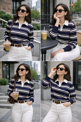 Kadın Düğmeli Polo Yaka Çizgili Oversize Triko Kazak Image 3