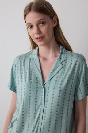 Mint Yeşili Lenna Çizgili Gömlek Yaka Pijama Takımı Image 1