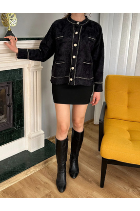 kadın siyah inci düğmeli bebe yaka yumoş hırka Image 2