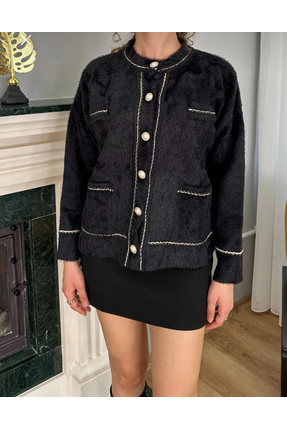 kadın siyah inci düğmeli bebe yaka yumoş hırka Image 1