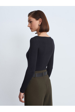 31332 Kayık Yaka Uzun Kollu Top-Siyah Image 2