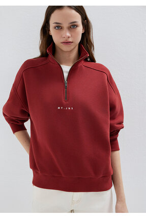 MVJNS Nakışlı Yarı Fermuarlı Kırmızı Sweatshirt 1S10533-70411 Image 1