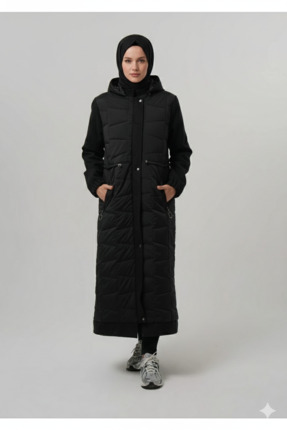 Kadin Tesettür Siyah Mont Parka Çıkabilir Kapüşonlu Kaşe Detaylı Uzun kaban Image 0