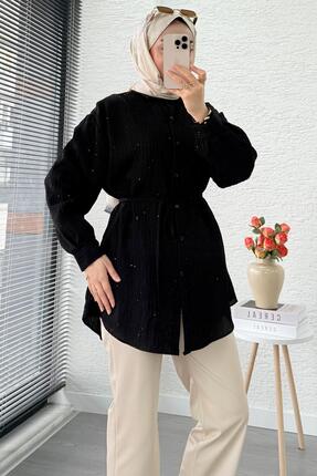 Pul Detaylı Kemerli Kadın Gömlek Tunik – Siyah Image 5