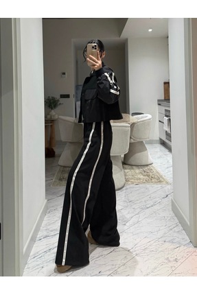 Tasarım Şerit Yazı Detaylı Siyah Pantolon Ceket Takım Image 2