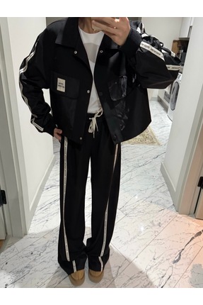 Tasarım Şerit Yazı Detaylı Siyah Pantolon Ceket Takım Image 1