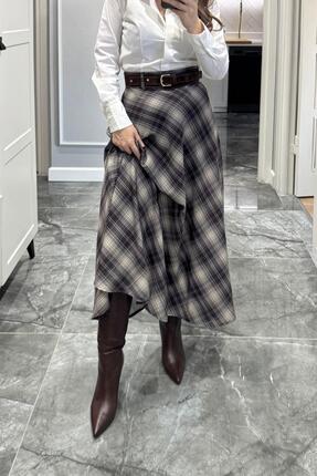 Ekose Kemerli Etek Kahverengi-Bej Image 5