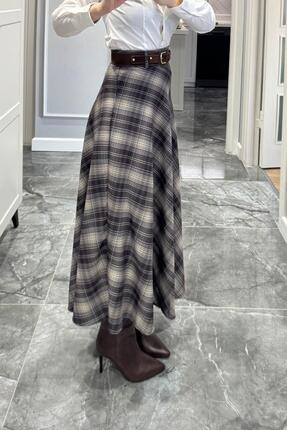 Ekose Kemerli Etek Kahverengi-Bej Image 3
