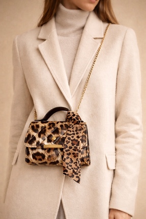 Leopar Desenli Kapitone Zincir Askılı Kadın Omuz Çantası – Şallı Şık El ve Omuz Çantası Image 0