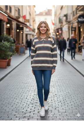 Çizgili Düğmeli Polo Yaka Kadın Gri Renk Triko Kazak Image 0