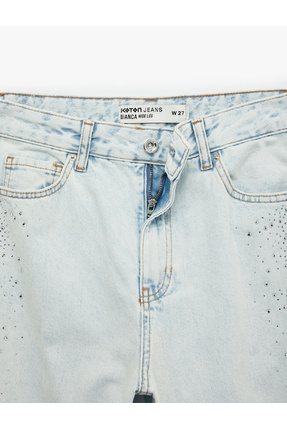 Pamuklu Düğmeli Cepli Geniş Paça Taşlı Denim Pantolon - Wide Leg Jeans Image 3