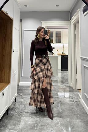 Önden Yırtmaçlı Kareli Kat Kat Etek Kahverengi-Bej Image 0