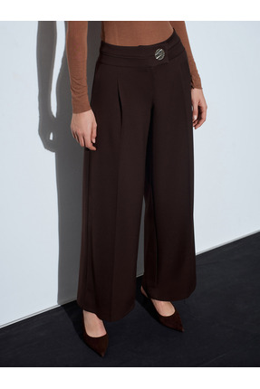 72244 Gold Düğmeli Geniş Paça Pantolon-Kahve Image 2