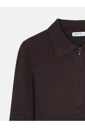 10862 Kaşmir Karışımlı Fermuarlı Kazak-Koyu Kahve Image 6