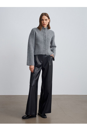 60995 Dik Yaka Düğmeli Triko Hırka-Füme M. Image 3