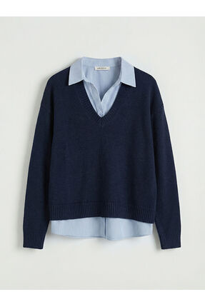 Lacivert Gömlek Yaka Çizgili Kadın Triko Kazak Image 0