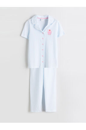 RMZ GİYİM FARKIYLA Gömlek Yaka Çizgili Kız Çocuk Pijama Takım Image 1