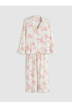 Ekru Gömlek Yaka Çiçekli Kadın Pijama Takım Image 4