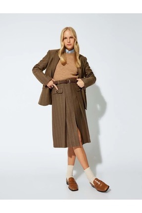 Kadın Giyim Midi Boy A Kesim Pileli Etek Önden Yırtmaç Detaylı Cepli 5WAK70113UW Kahverengi Çizgili Image 0