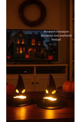 KORKU Şapka Figürlü Pilli Mum İle Kullanım Dekoratif 2’li Aksesuar Masaüstü Obje Halloween Süs Image 0