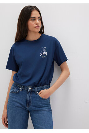 Logo Nakışlı Lacivert Tişört Loose Fit / Bol Rahat Kesim 1613467-70488 Image 1