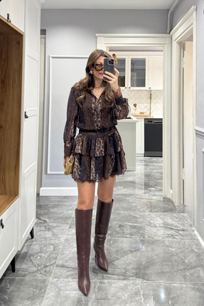 Etnik Desen Eteği Kat Kat Astarlı Şifon Elbise Kahverengi Image 4