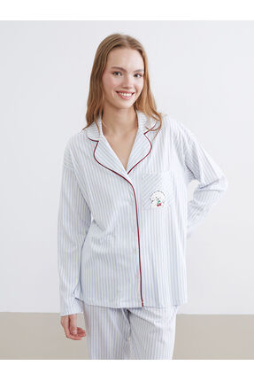 Mavi Gömlek Yaka Çizgili Kadın Pijama Takımı Image 6