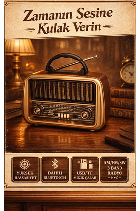 Retro Tasarım Şarj Edilebilir Radyo ve Bluetooth Hoparlör - SD Kart - FM Radyo Image 2