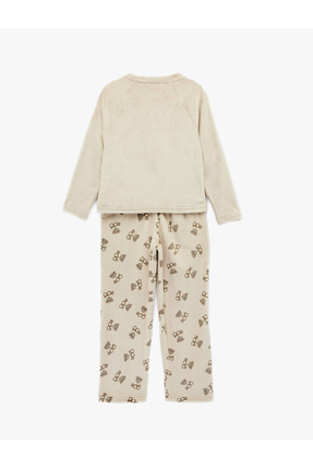 Uzun Kollu Bisiklet Yaka Ayıcık Detaylı Polar Pijama Takımı Image 1