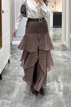 Kemerli Puantiyeli Yırtmaçlı Kat Kat Etek Kahverengi Image 4