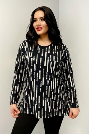 Yumoş Kadifemsi Süet Desenli Battal Bluz Siyah Beyaz Desen Image 0