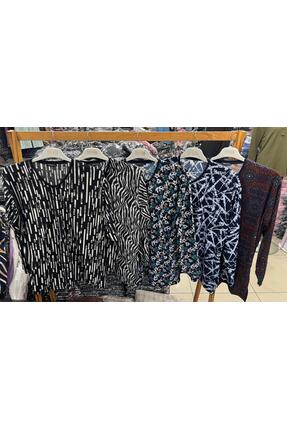 Yumoş Kadifemsi Süet Desenli Battal Bluz Siyah Beyaz Desen Image 1