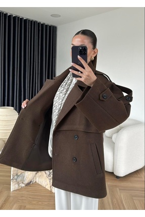 TREND KISA KUŞAKLI KADIN KAŞE KABAN / KIŞLIK KISA TRENÇKOT CEKET Image 4