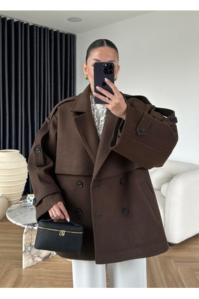 TREND KISA KUŞAKLI KADIN KAŞE KABAN / KIŞLIK KISA TRENÇKOT CEKET Image 1